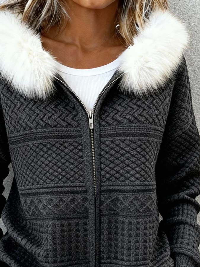 Kuschelige Winter Damen Patchwork Jacke mit Fellkapuze