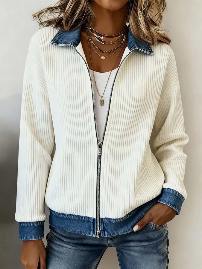 Cream Ribbed Denim Color Block Jacke - Ihr stylischer Wärmespender für den Herbst