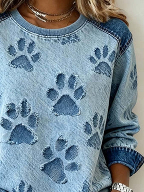 Winter Damen Sweatshirt Denim Look mit Pfotenprint kuschelig