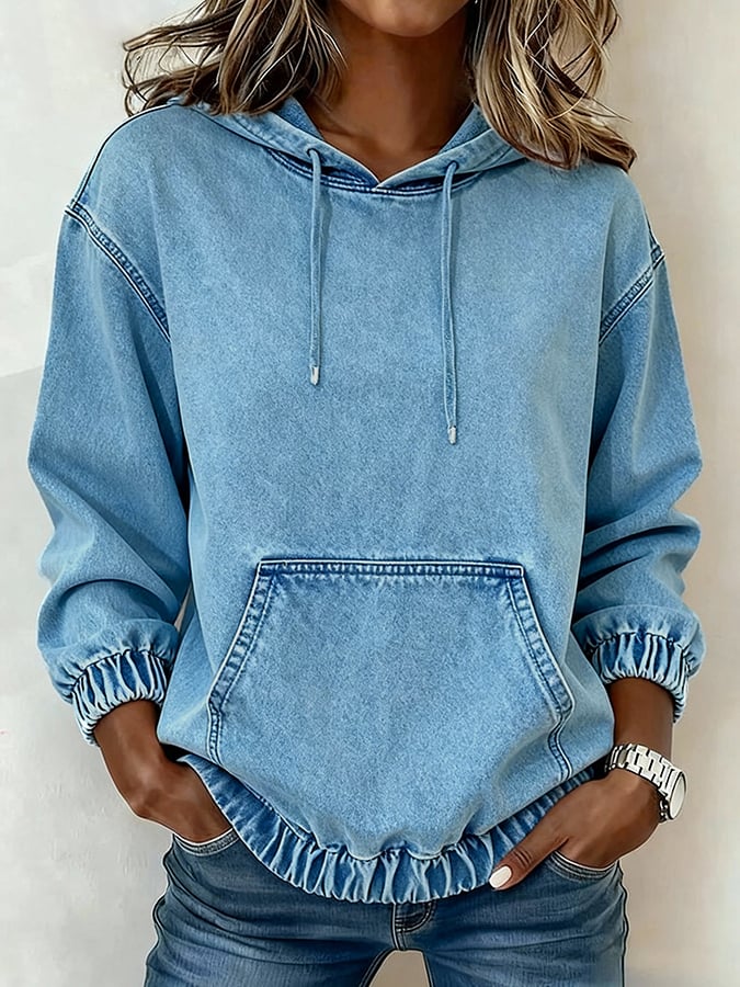 Kuscheliger Damen Denim Hoodie Winterpullover hellblau