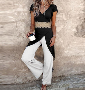 Black and White V-Neck Two Piece Set: Herbstsfrische mit Stil und Komfort