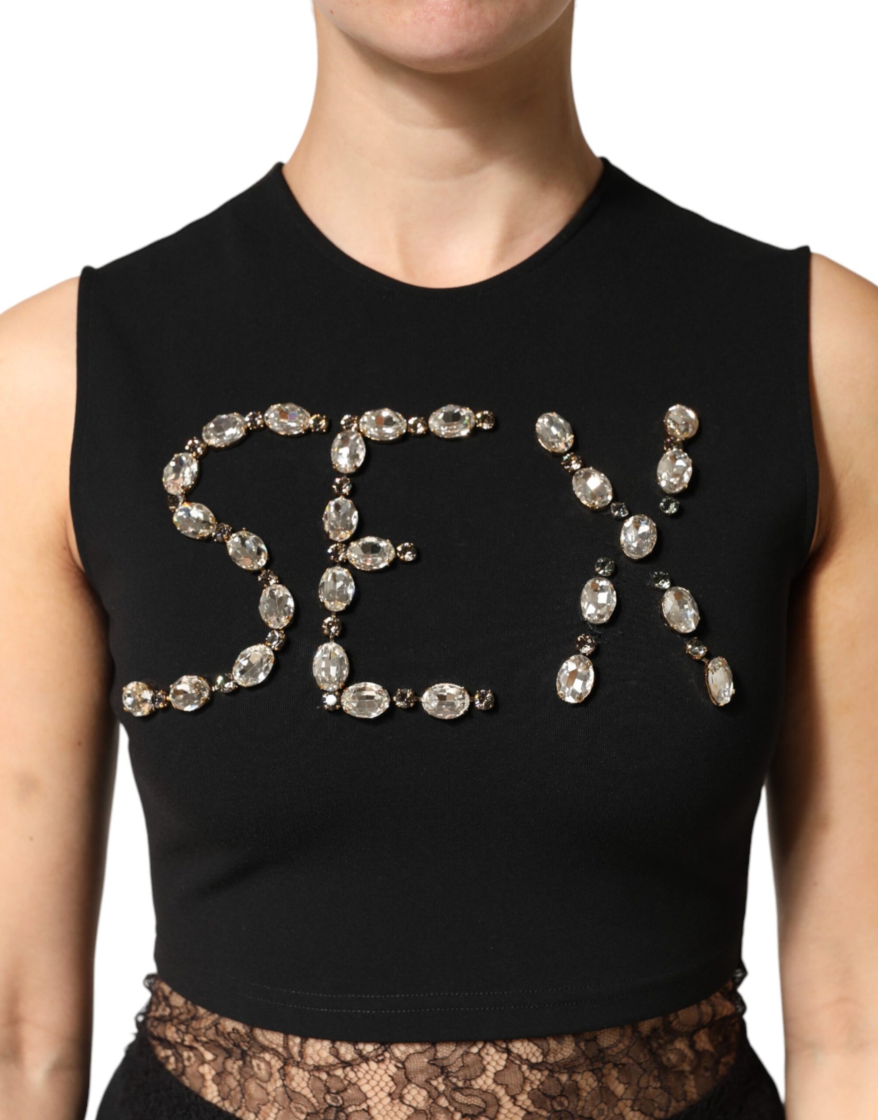 Dolce & Gabbana Schwarzes Jersey-Top mit Spitzenrüschen und Strass