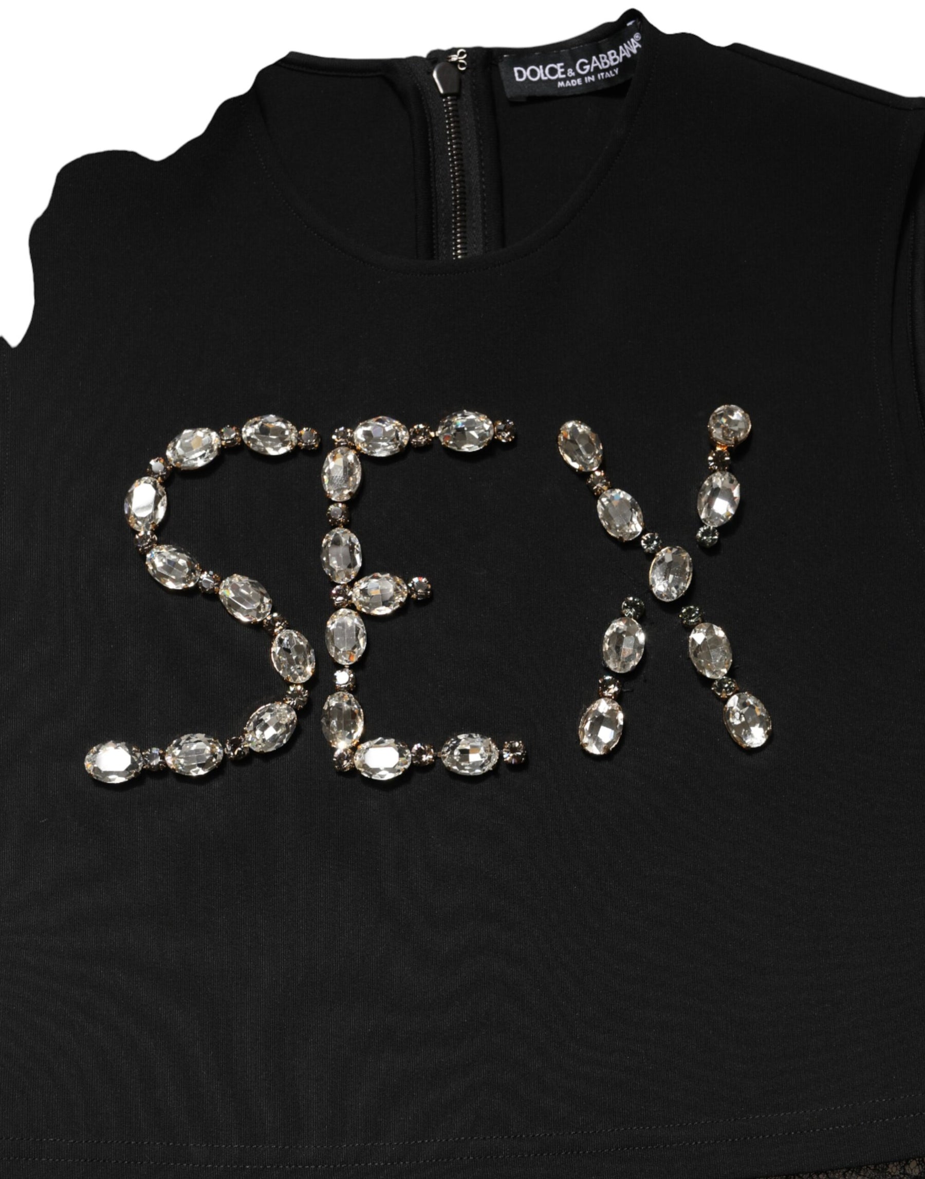 Dolce & Gabbana Schwarzes Jersey-Top mit Spitzenrüschen und Strass