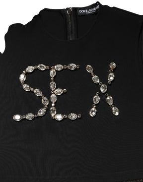 Dolce & Gabbana Schwarzes Jersey-Top mit Spitzenrüschen und Strass