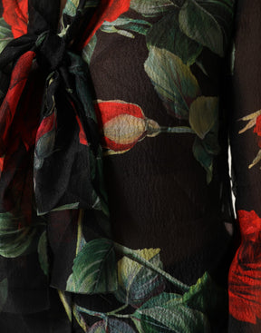Dolce & Gabbana Schwarze Seidenbluse mit langen Ärmeln und Blumenmuster