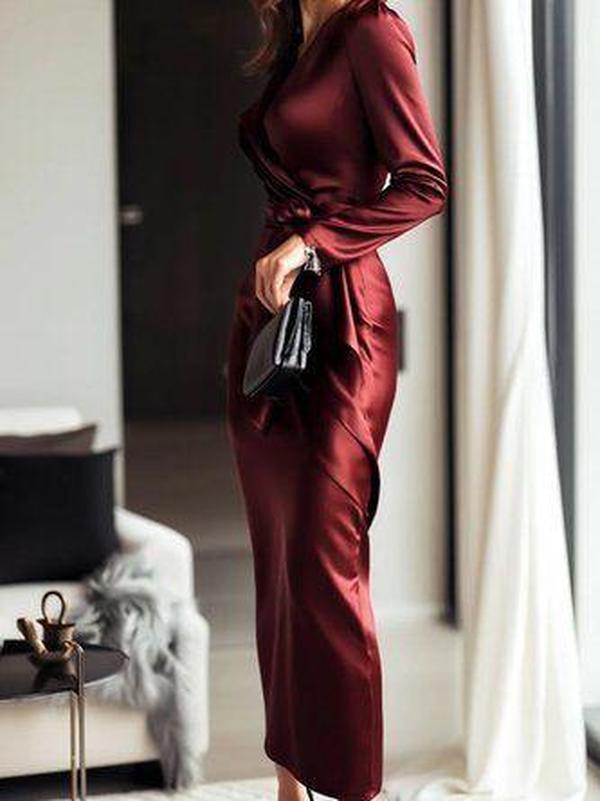 Burgundy Maxi-Kleid mit Langarm - Eleganter Herbstsbegleiter in A-Linie