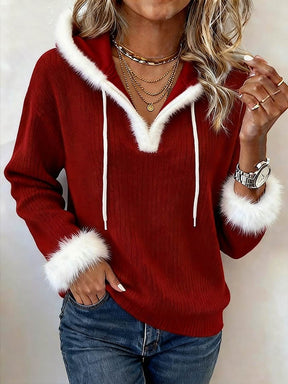 Damen Weihnachts Hoodie rot mit Kunstfell – Winter Kuschelpullover