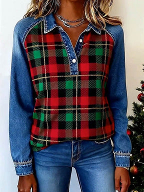Winter Damen Karoshirt rot-grün mit Denim – Weihnachtslook