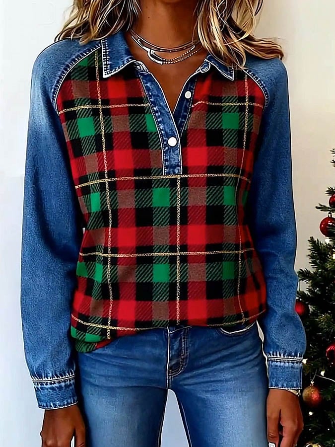Winter Damen Karoshirt rot-grün mit Denim – Weihnachtslook
