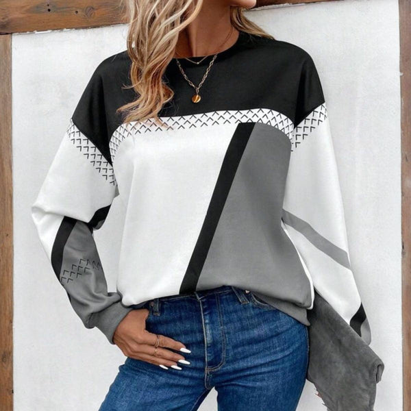 Trendy Color Block Langarm-Top - Herbstsmode mit Luxuskomfort