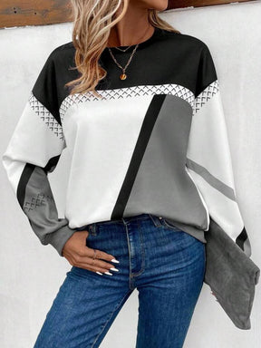 Trendy Color Block Langarm-Top - Herbstsmode mit Luxuskomfort