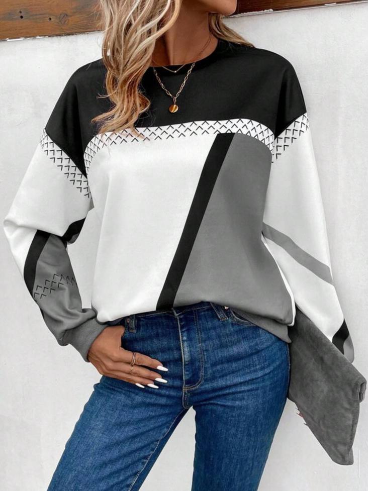 Trendy Color Block Langarm-Top - Herbstsmode mit Luxuskomfort