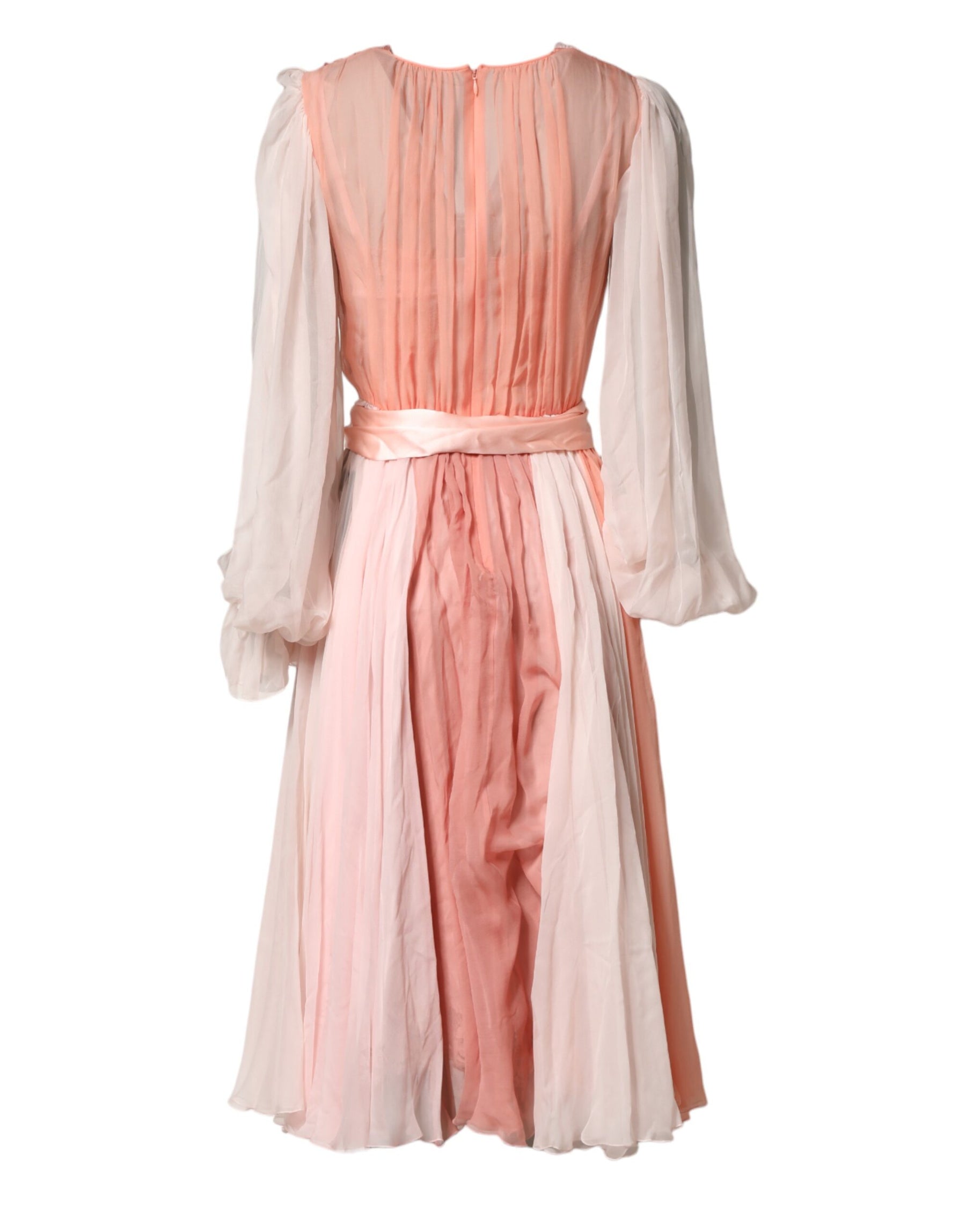 Dolce & Gabbana Rosa Seiden-Tüll Kleid mit langen Ärmeln und V-Ausschnitt