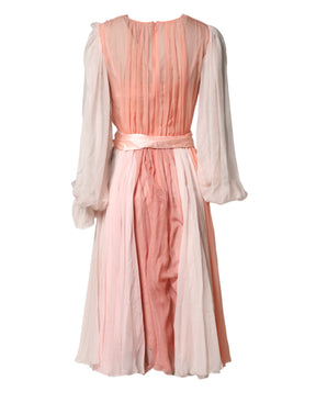Dolce & Gabbana Rosa Seiden-Tüll Kleid mit langen Ärmeln und V-Ausschnitt