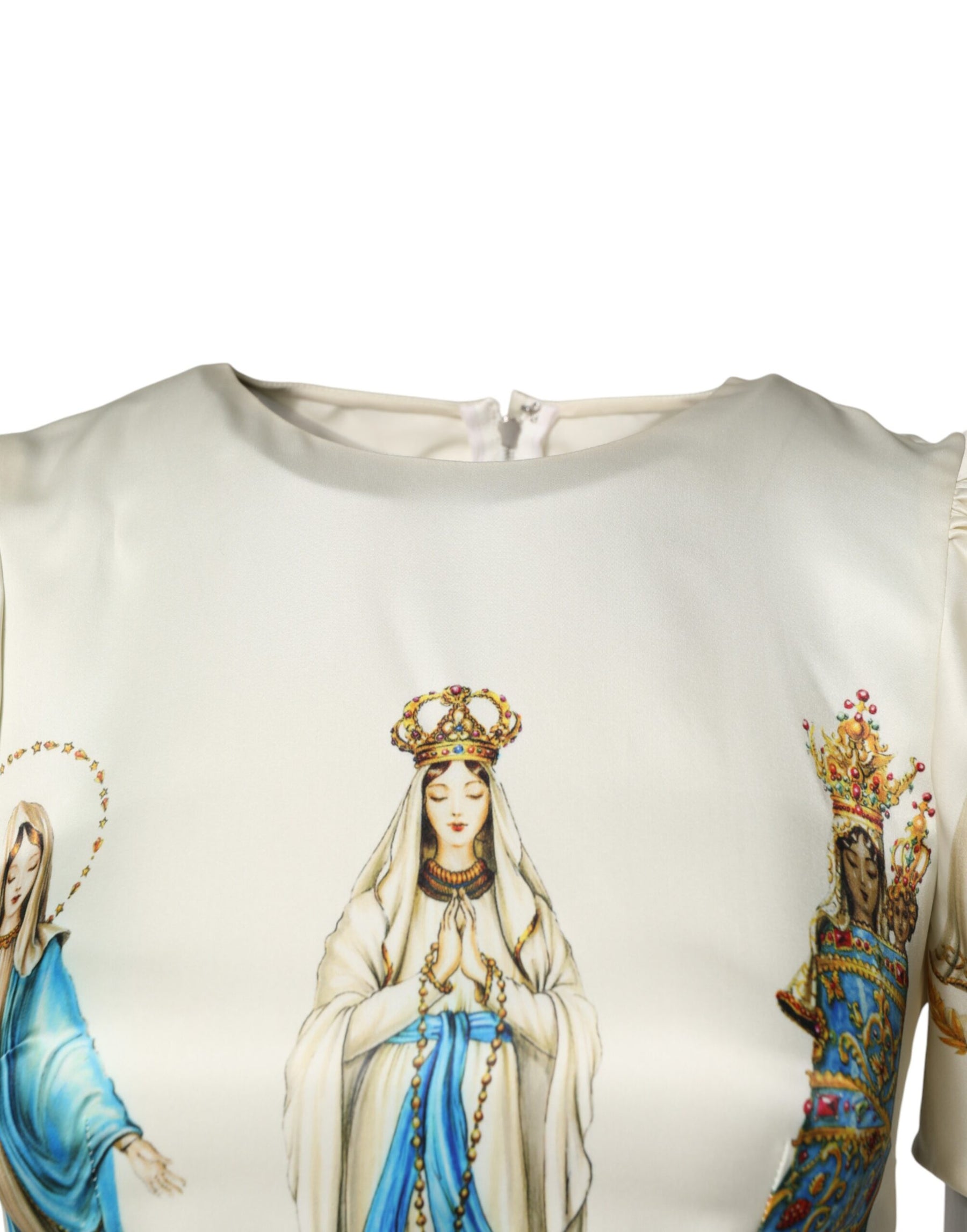 Dolce & Gabbana Beigefarbenes Madonnen-Print-Seidenkleid mit kurzen Ärmeln