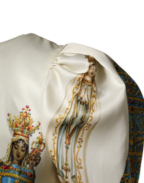 Dolce & Gabbana Beigefarbenes Madonnen-Print-Seidenkleid mit kurzen Ärmeln