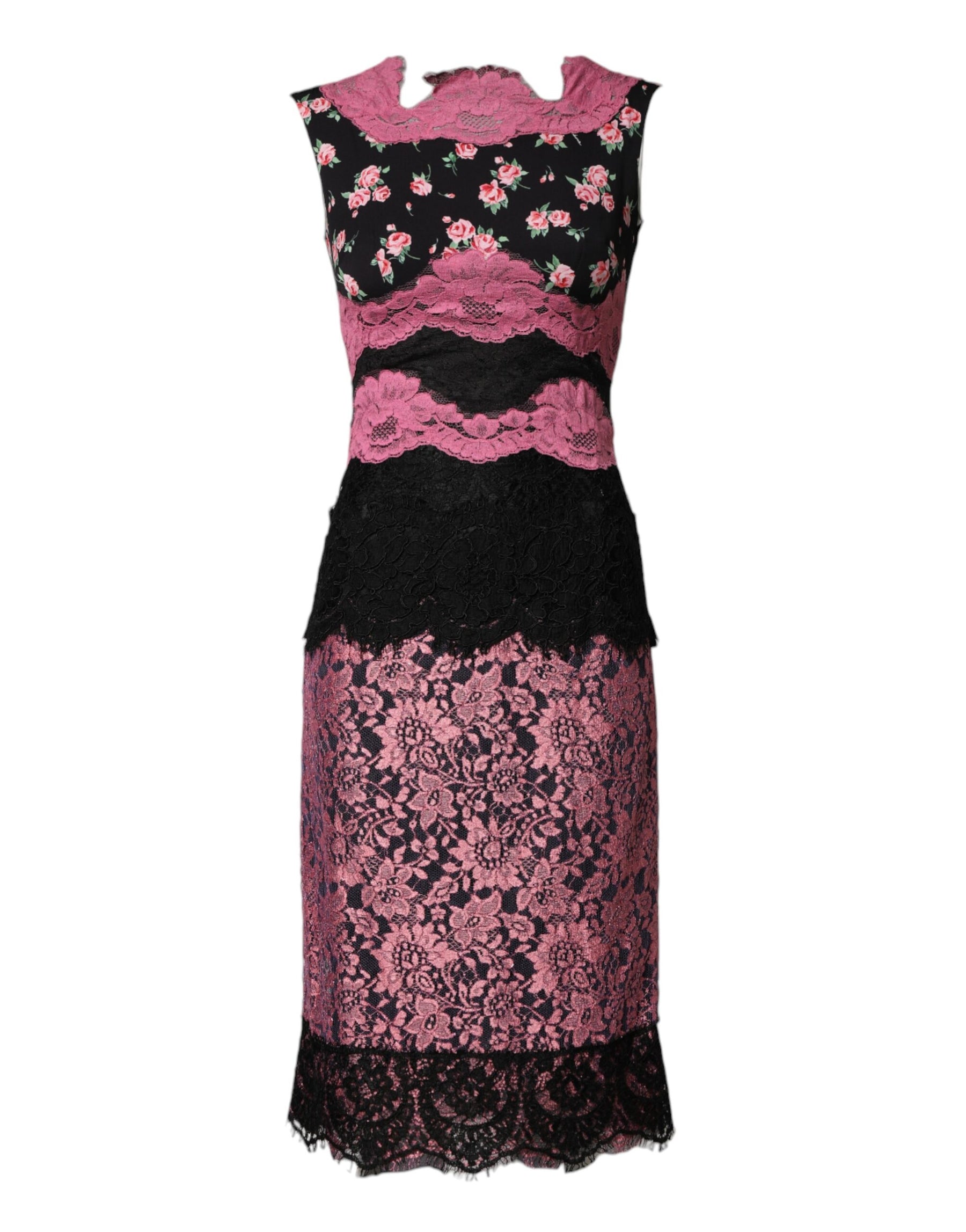 Dolce & Gabbana Schwarzes Seidenkleid mit rosa Blumenspitze