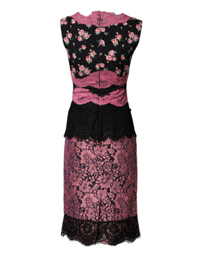 Dolce & Gabbana Schwarzes Seidenkleid mit rosa Blumenspitze