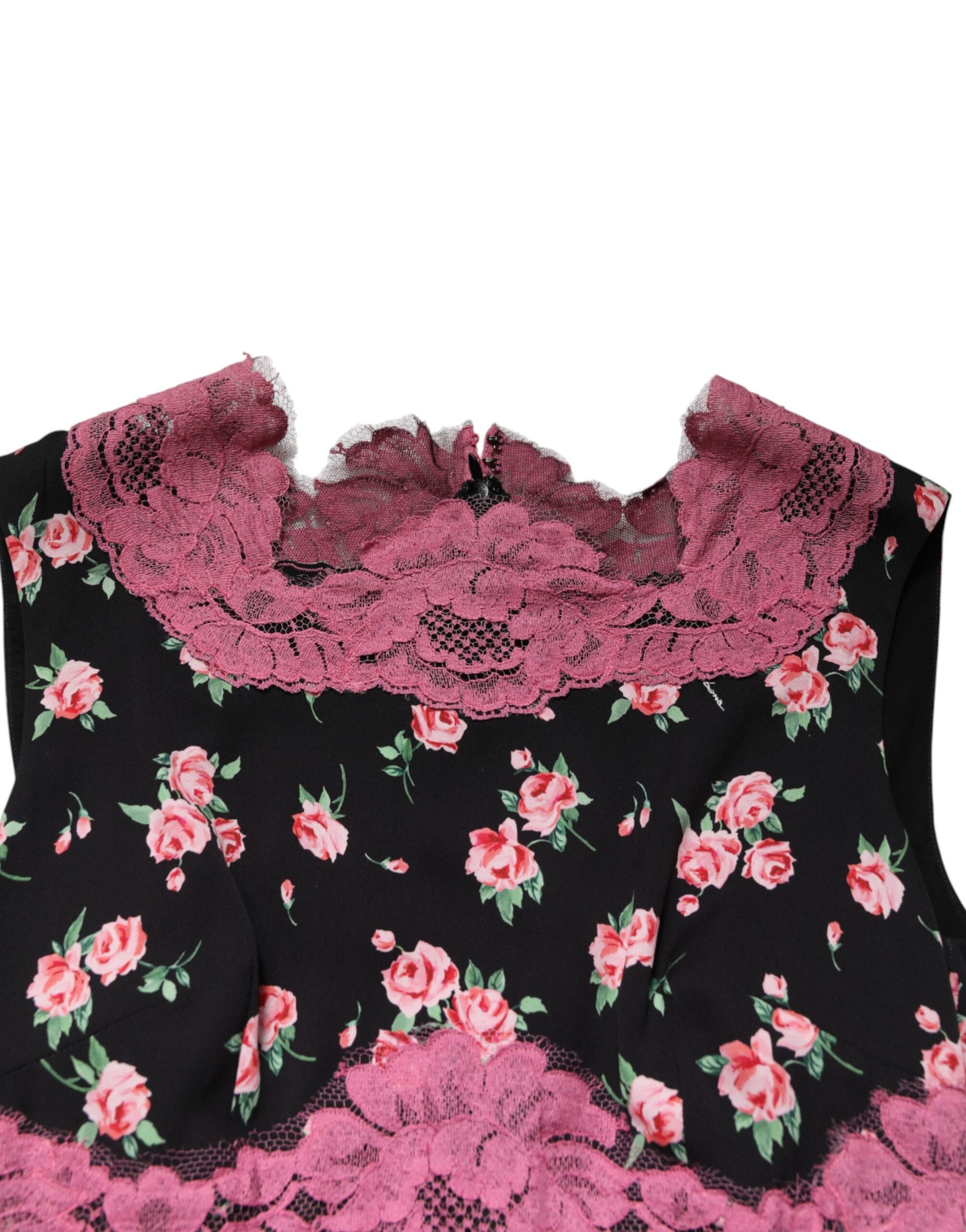 Dolce & Gabbana Schwarzes Seidenkleid mit rosa Blumenspitze