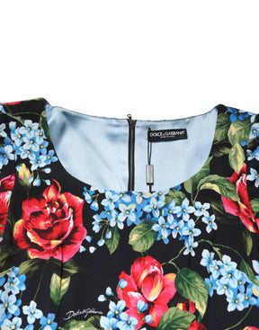 Dolce & Gabbana Schwarzes Midi-Etui-Kleid mit floralem Viskose-Print