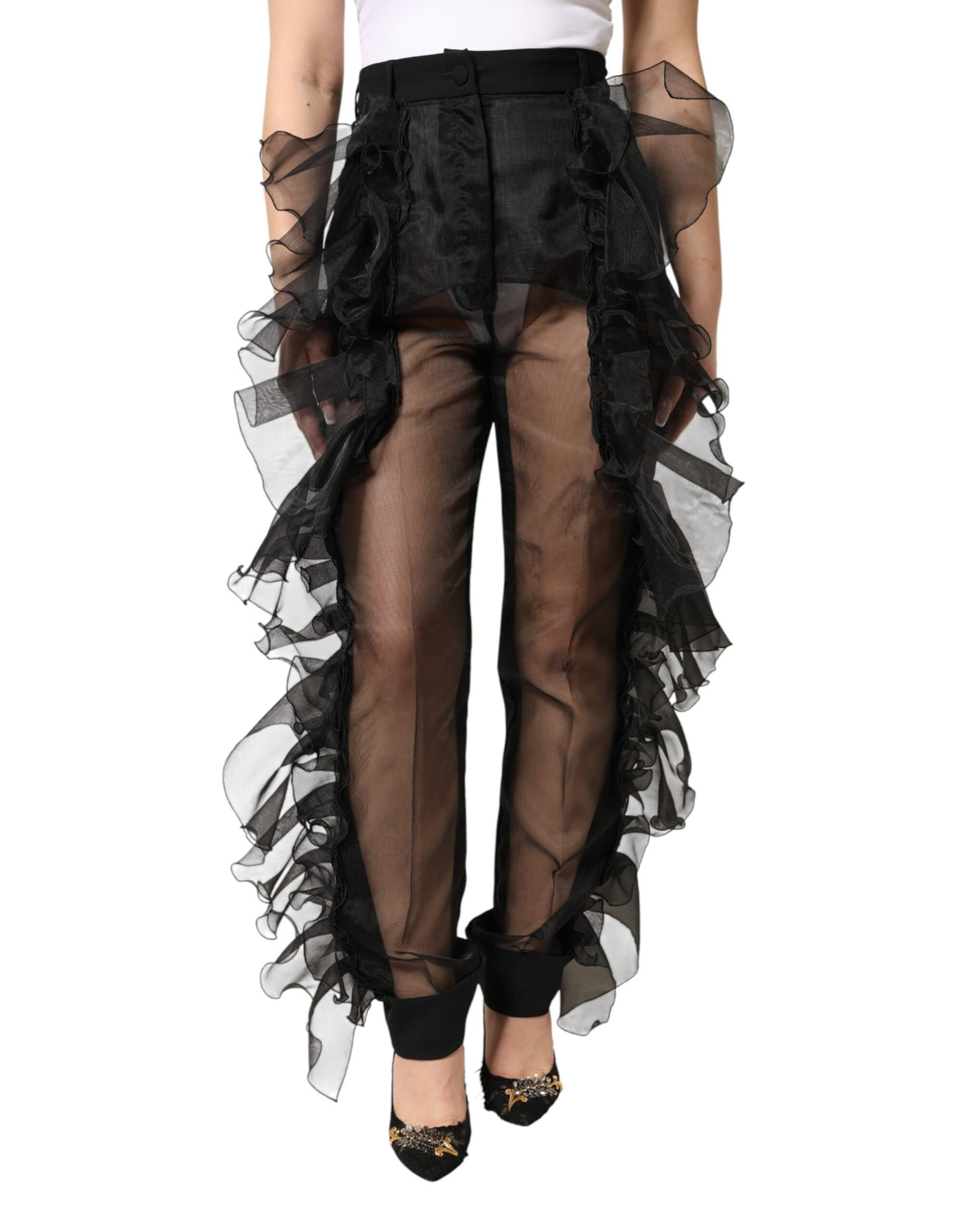 Dolce & Gabbana Schwarze, hochgeschnittene Wollhose mit Tüll