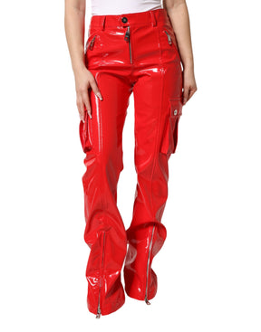 Dolce & Gabbana Rote, glänzende Polyester-Cargo-Bootcut-Hose