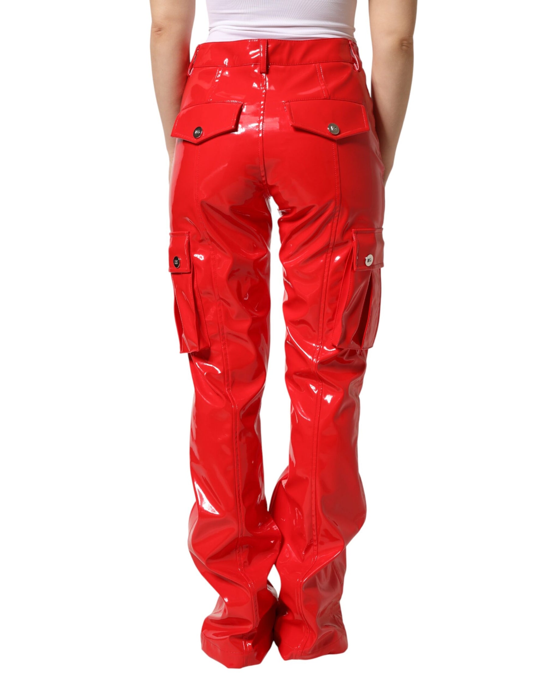 Dolce & Gabbana Rote, glänzende Polyester-Cargo-Bootcut-Hose