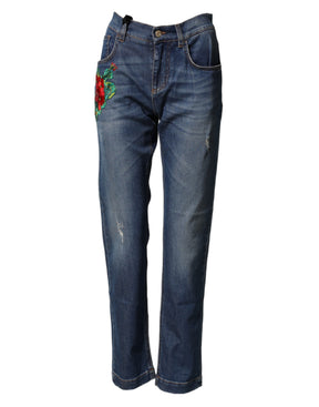 Dolce & Gabbana Blau bestickte Boyfriend-Jeans mit Blumenmuster