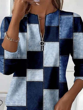 Winter Damen Sweatshirt Denim Patchwork Pullover warm navy