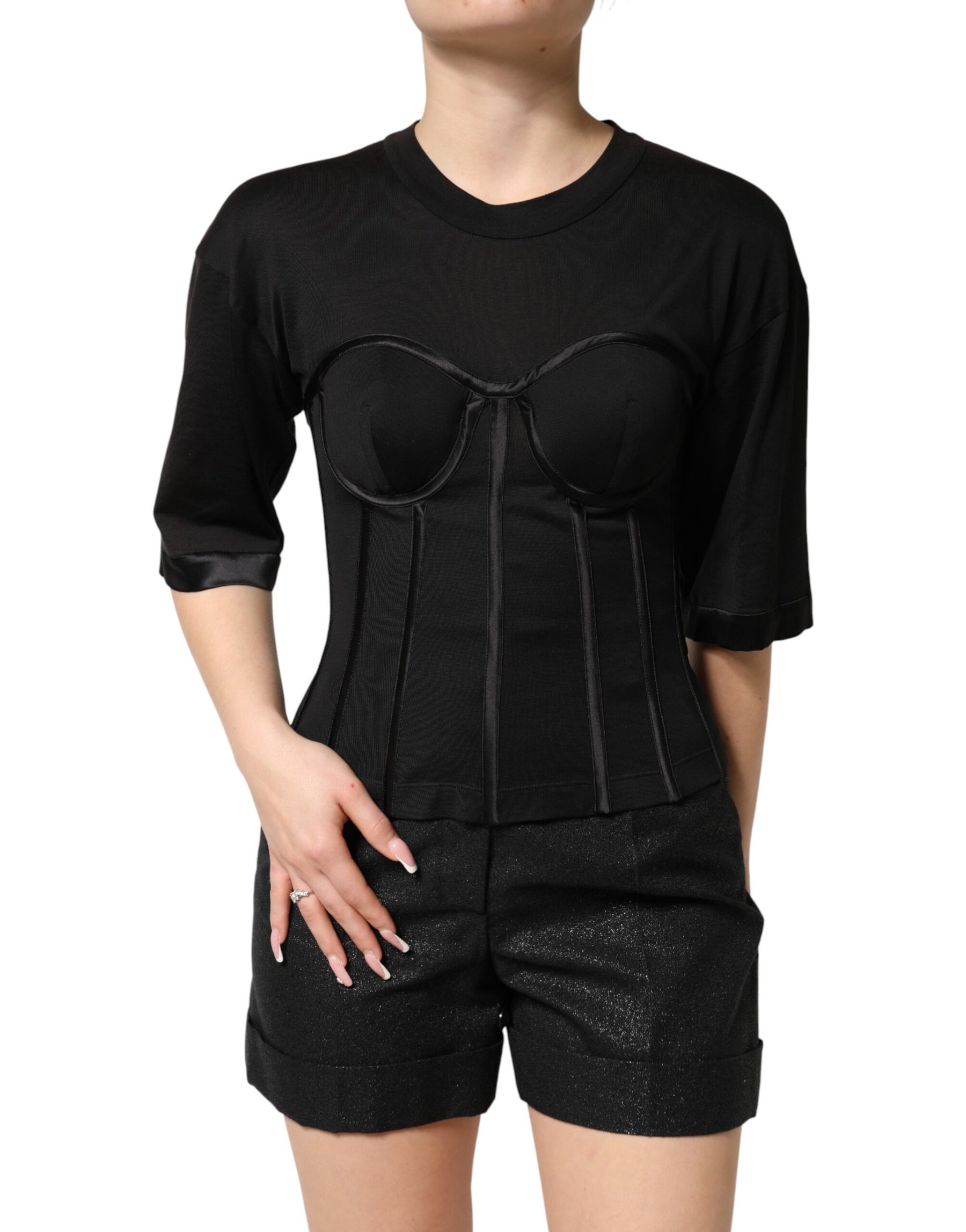 Dolce & Gabbana Schwarzes Baumwoll-Korsett-Bustier-T-Shirt mit kurzen Ärmeln