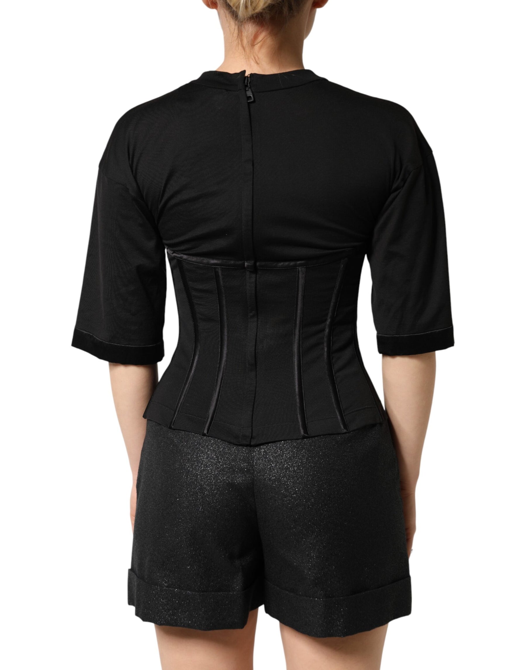 Dolce & Gabbana Schwarzes Baumwoll-Korsett-Bustier-T-Shirt mit kurzen Ärmeln