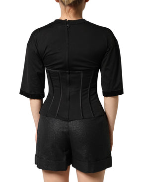 Dolce & Gabbana Schwarzes Baumwoll-Korsett-Bustier-T-Shirt mit kurzen Ärmeln