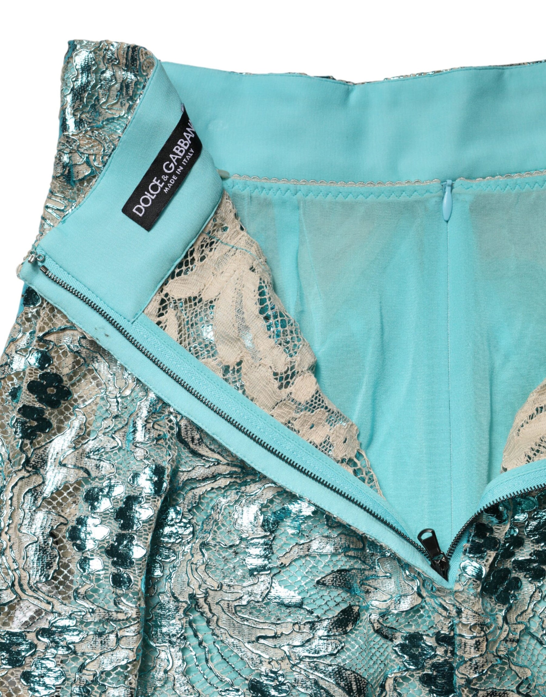 Dolce & Gabbana Blauer Blumen-Brocat Mini-Rock mit hohem Bund