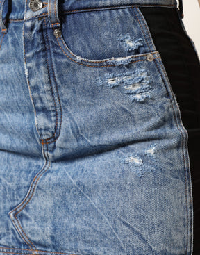 Dolce & Gabbana Blau-Schwarzer Baumwoll-Denim-Midi-Rock mit transparenten Einsätzen