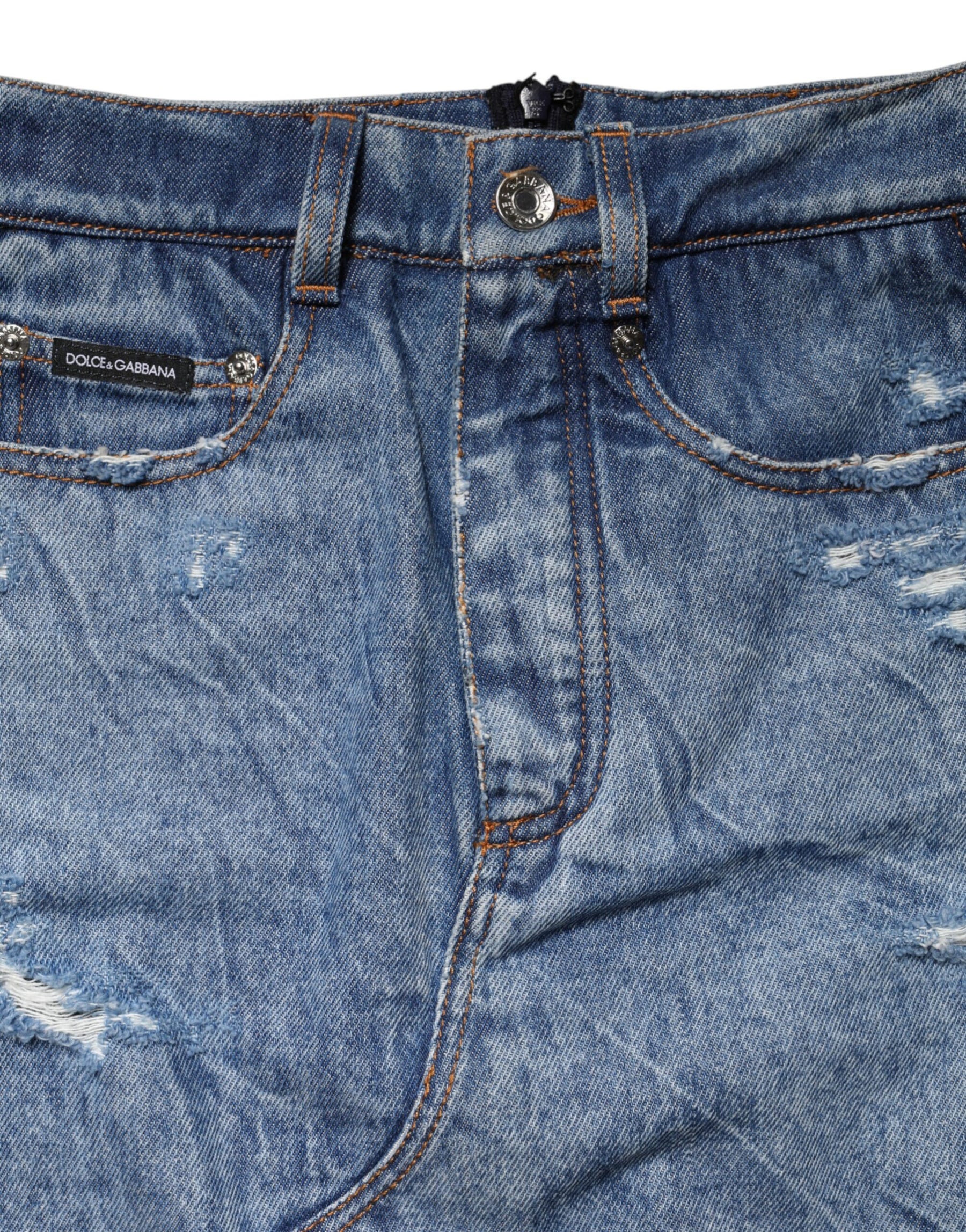 Dolce & Gabbana Blau-Schwarzer Baumwoll-Denim-Midi-Rock mit transparenten Einsätzen