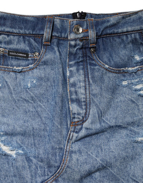 Dolce & Gabbana Blau-Schwarzer Baumwoll-Denim-Midi-Rock mit transparenten Einsätzen