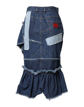 Dolce & Gabbana Blauer Patchwork-Midirock aus Lagen-Denim