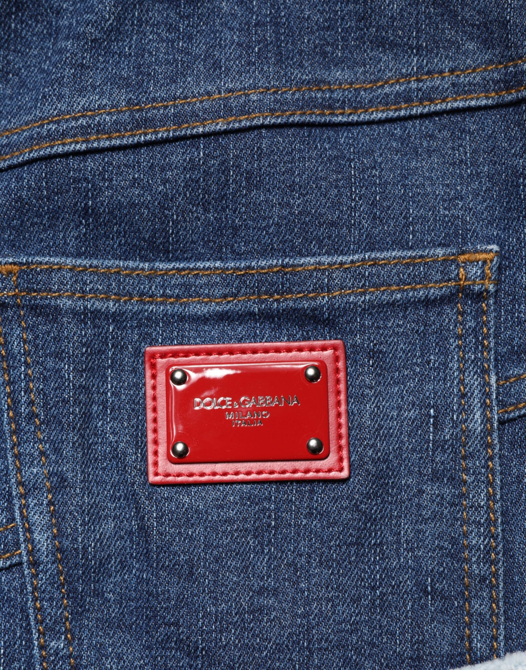 Dolce & Gabbana Blauer Patchwork-Midirock aus Lagen-Denim