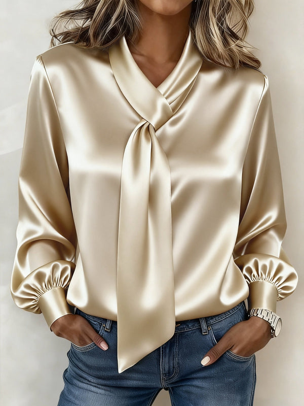 Winter Satin Blusenshirt Champagner mit Schleife Damen