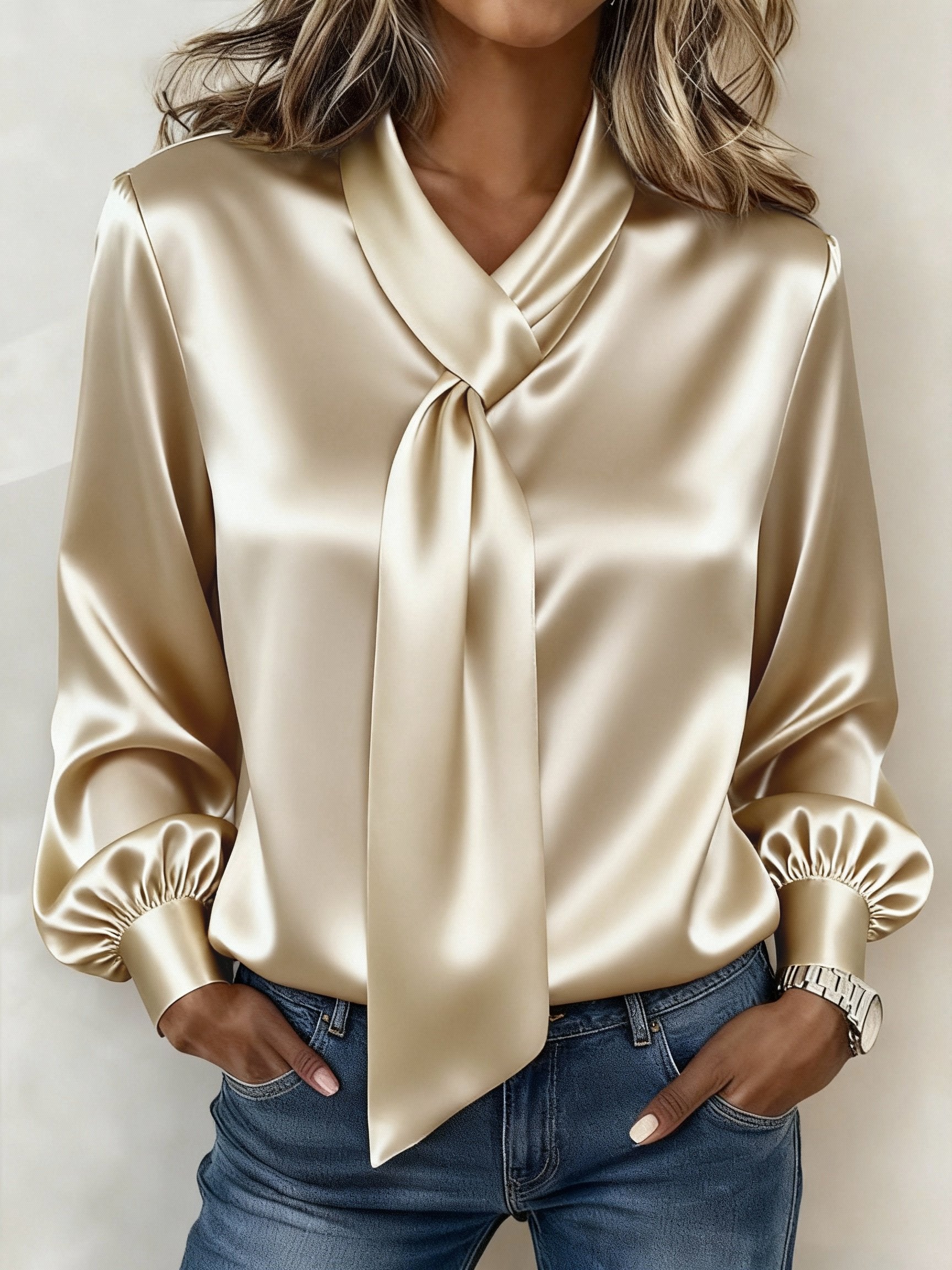 Winter Satin Blusenshirt Champagner mit Schleife Damen