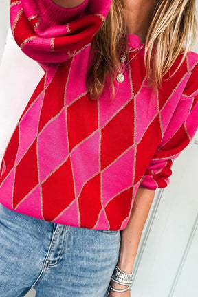 Winter-Luxus: Sweet Pink Argyle Geometric Crewneck Sweater für stilvolle Wärme