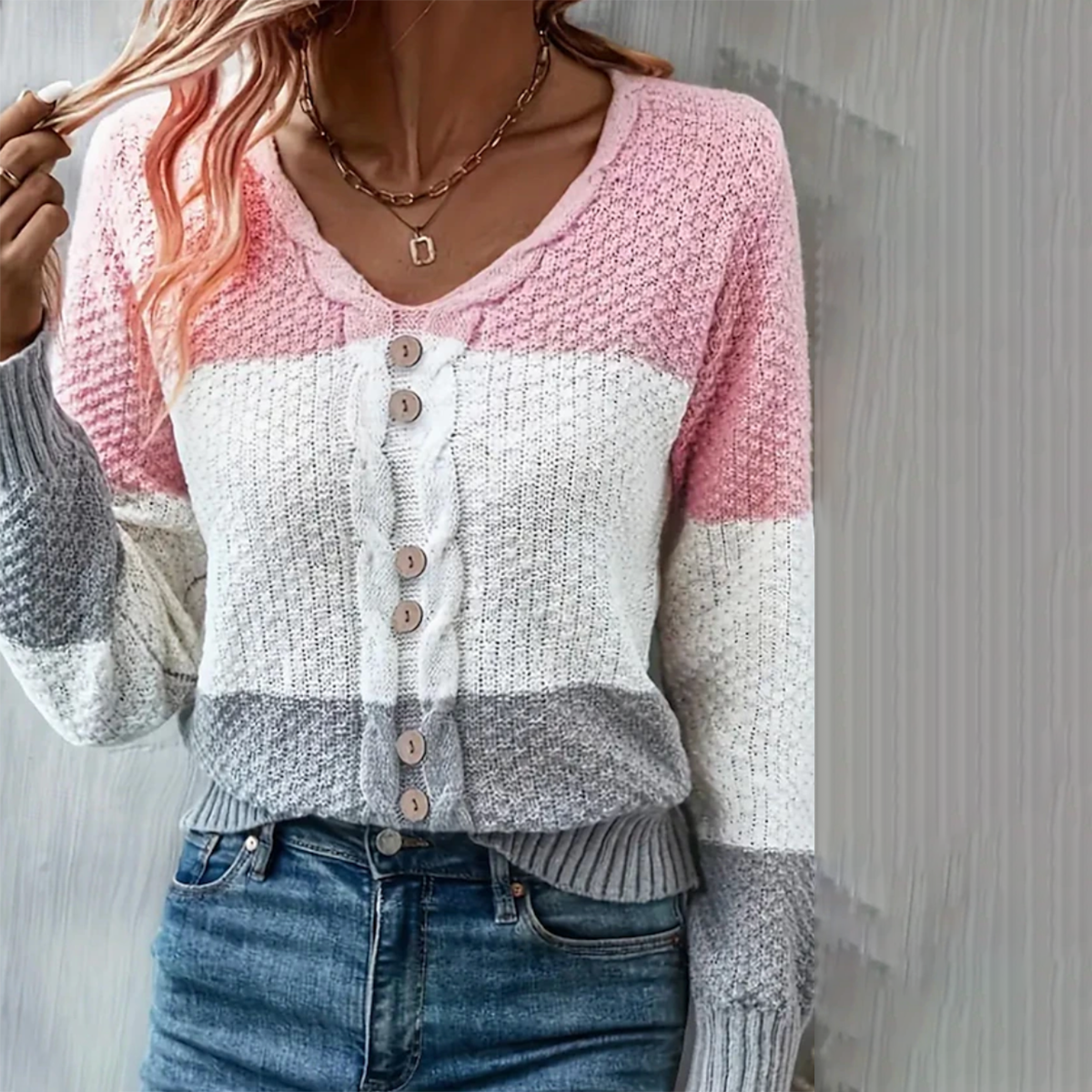 Herbstlicher Pink Color Block V-Neck Sweater - Wärme & Stil in einem