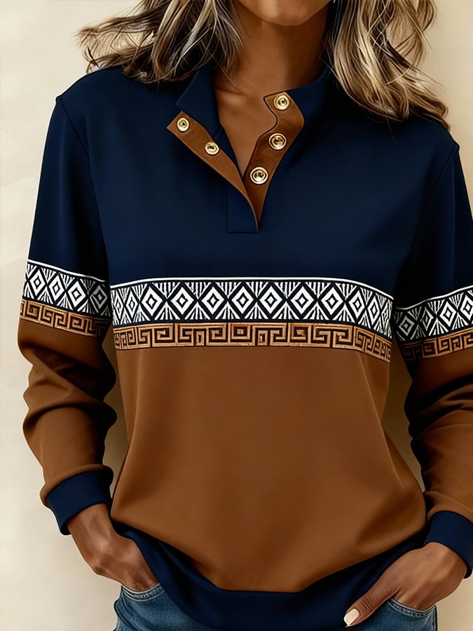 Damen Winter Sweatshirt Ethno Print Navy Camel kuschelweich