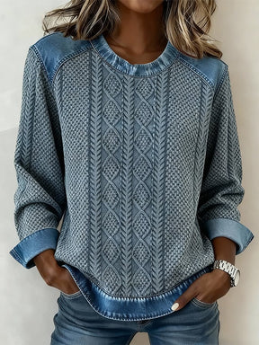 Winter Sweatshirt Zopfstrick-Optik Blau mit Denim Patchwork