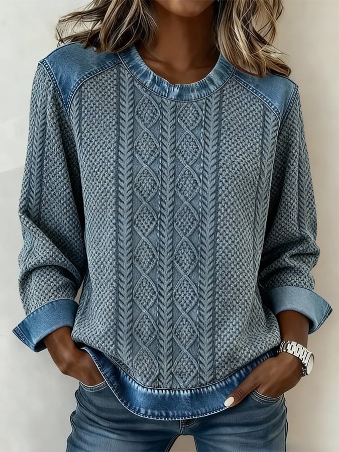 Winter Sweatshirt Zopfstrick-Optik Blau mit Denim Patchwork