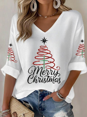 Stilvolles V-Ausschnitt-Top mit Weihnachtsbaumdruck für den Winter-Look