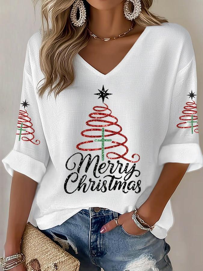 Stilvolles V-Ausschnitt-Top mit Weihnachtsbaumdruck für den Winter-Look