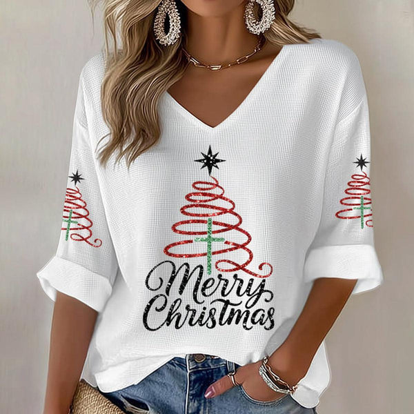 Stilvolles V-Ausschnitt-Top mit Weihnachtsbaumdruck für den Winter-Look