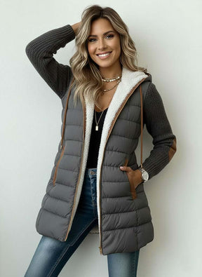 Winter Damen Steppjacke lang mit Fleecefutter und Kapuze