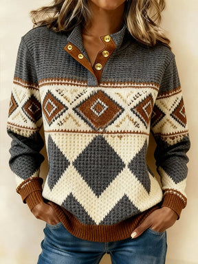Warmer Ethno Color-Block Pullover Damen Winter Waffelstrick